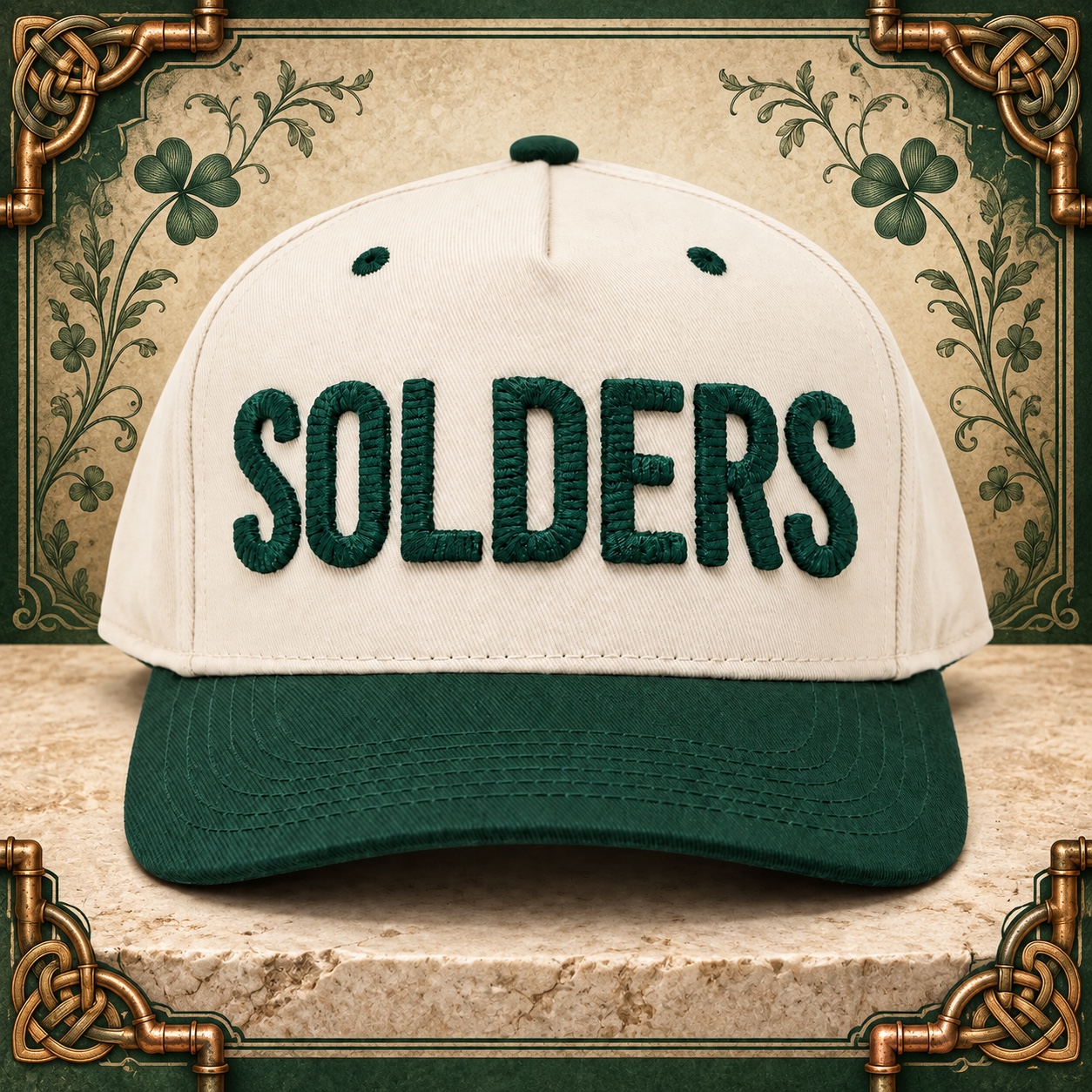 Classic Solders Solders hat. Cream and green with bold SOLDERS lettering.