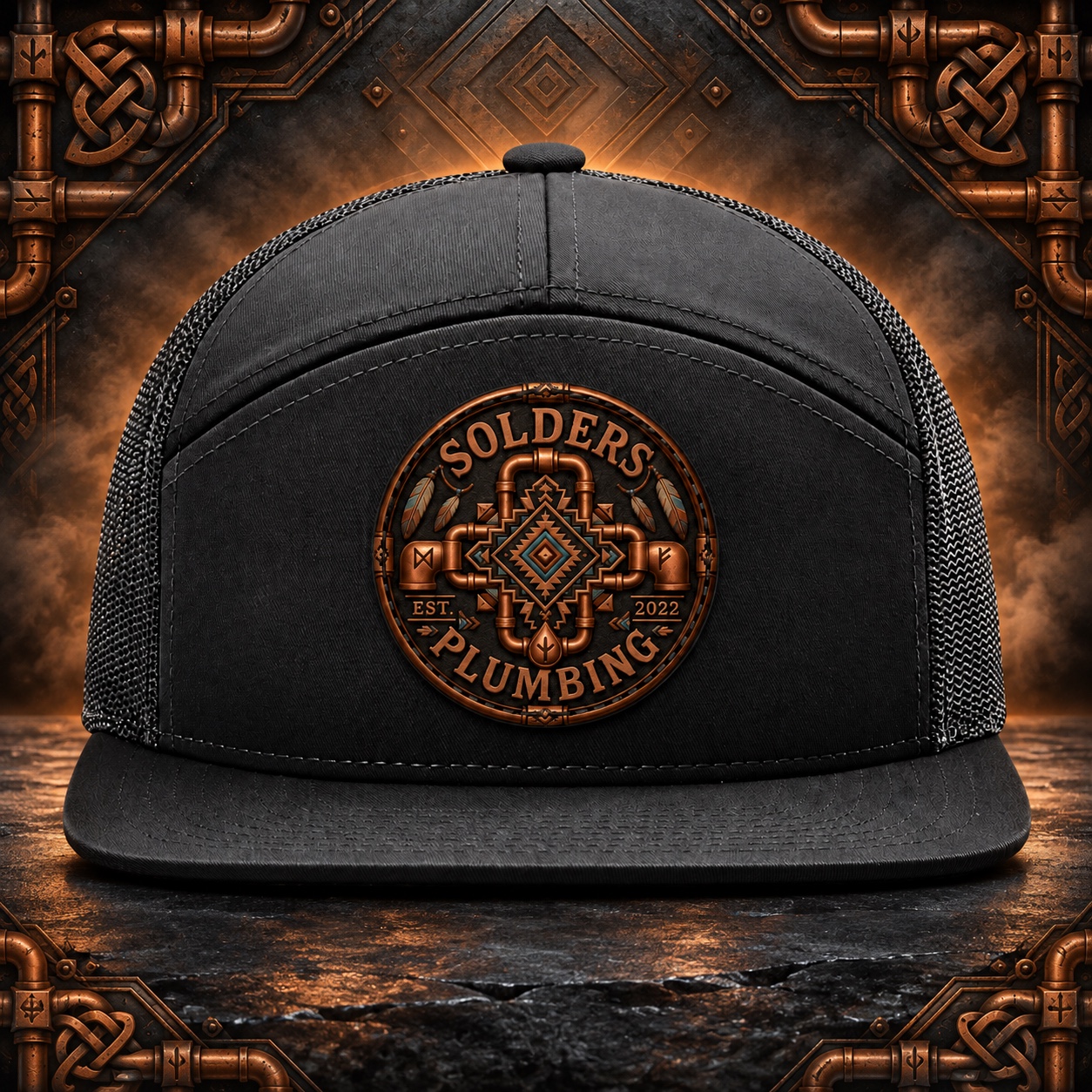 Copper Crest Solders hat. Black with a copper-tone Solders Plumbing crest.