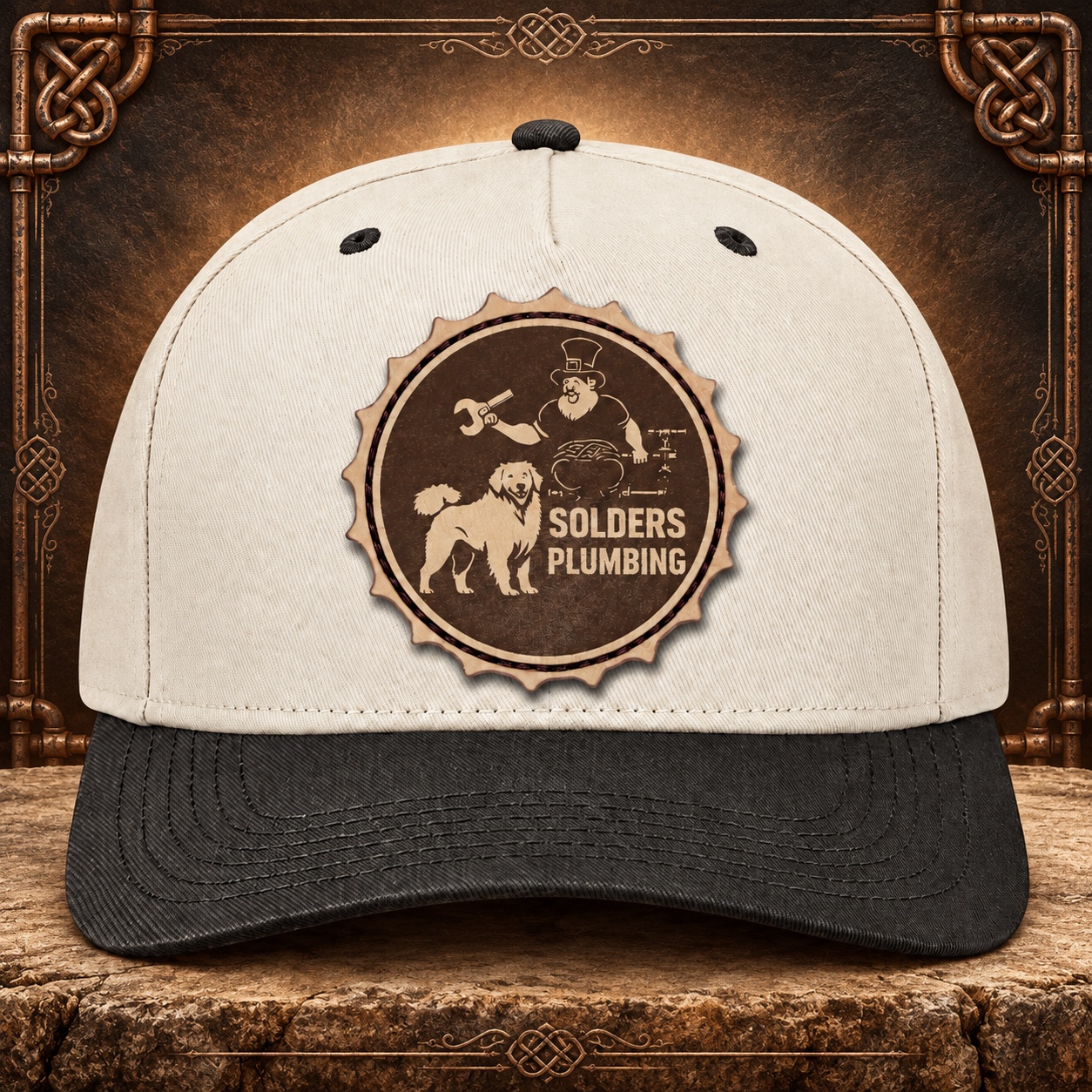 Heritage Patch Solders hat. Cream and black with the original plumber-and-dog design.